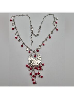 ✨2/$10✨ Silver-Tone Filigree Pendant Necklace w/ Red Beads 17”